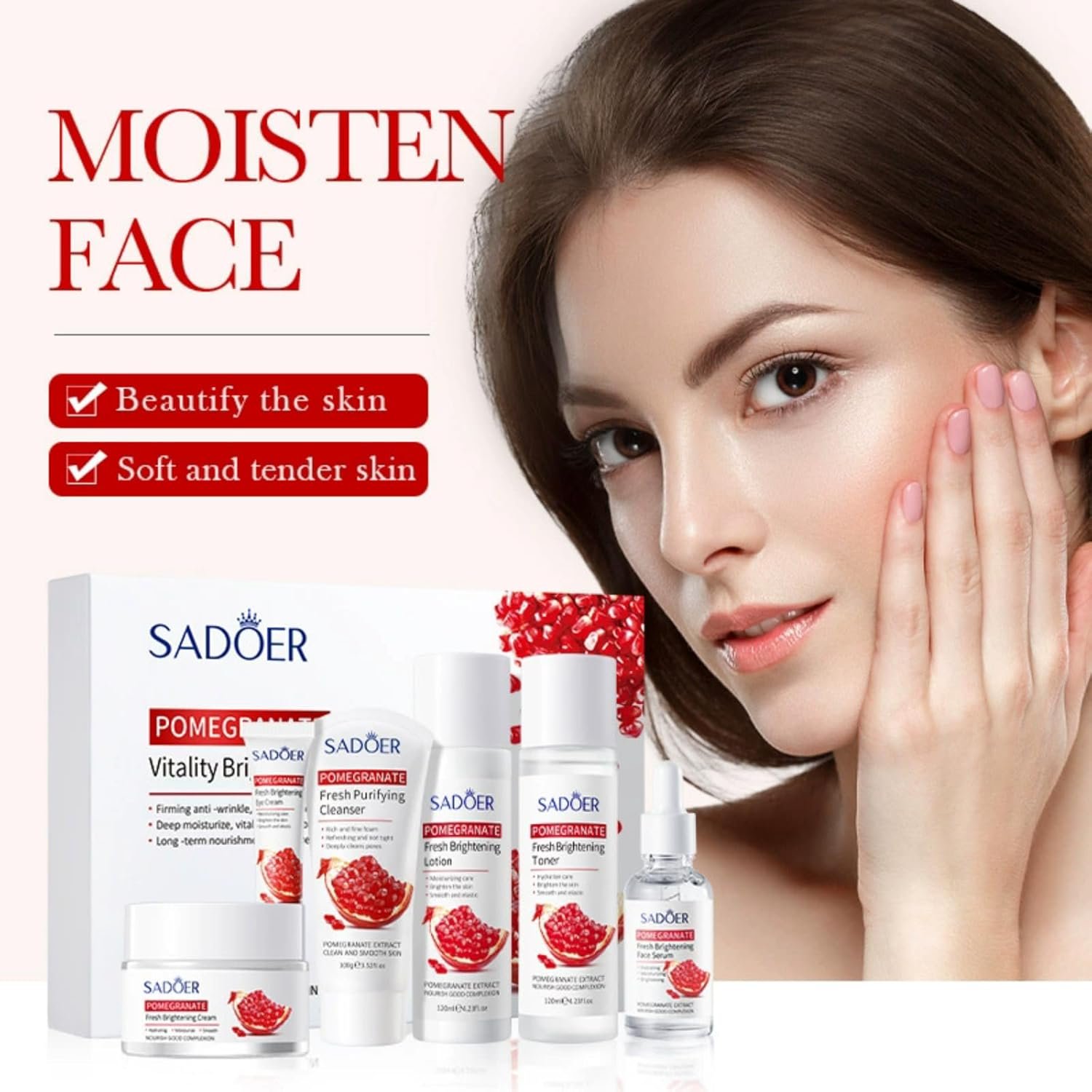 71uqhgEVEKL._SL1500_ Sadoer Pomegranate Skincare Set,Cleansing Moisturizing Skin Care Collection,Skin Care Kit,Facial Skin Care Sets Kits,Contains cleansing lotion toning facial creams eye creams serum - Image 1